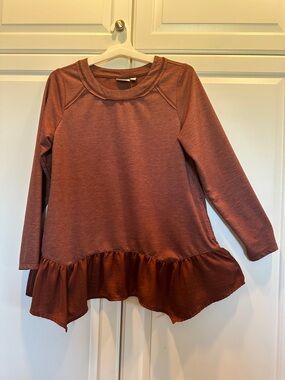 Long Sleeve Ruffle Hem Tunic Top - Rust with Pockets Rayon blend EUC Size M